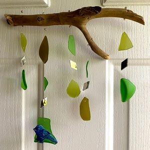 Bird on a swing! Beach glass creation, multi colors of green